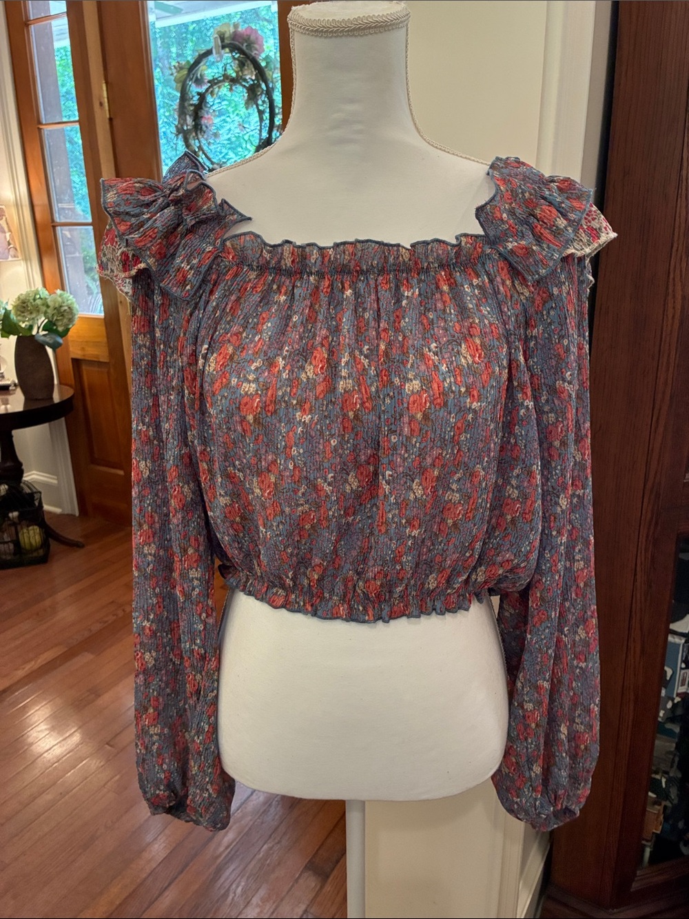 entro Floral Smocked Off-Shoulder Blouse with Gathered Sleeves Boho